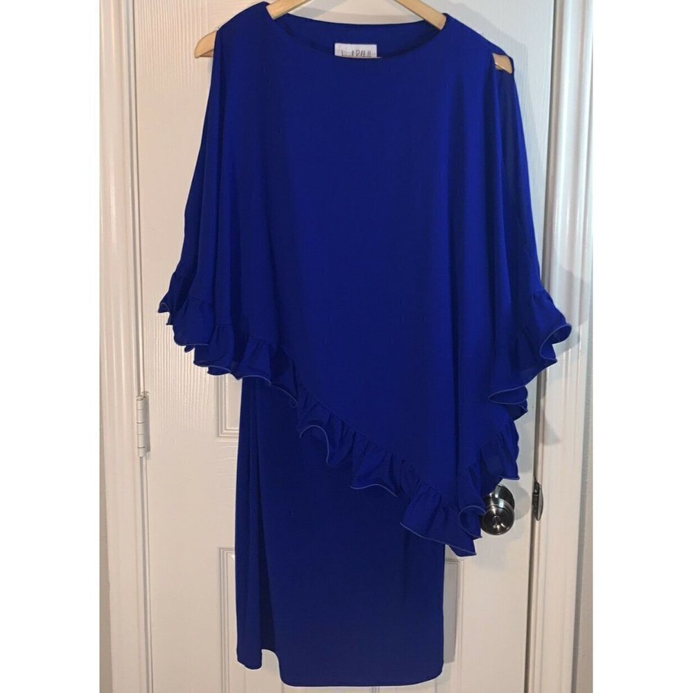Joseph Ribkoff Sapphire Blue Ruffled Trim Draped Overlay Formal Dress Size 2 - Picture 2 of 7